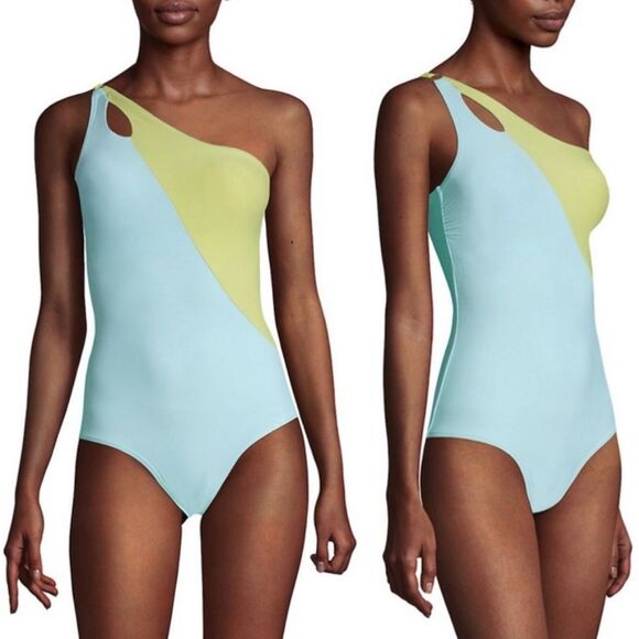 Lands’ End One Shoulder Swimsuit Size 12 Paradise Aqua Lemon Lime Tummy Control - Picture 1 of 16